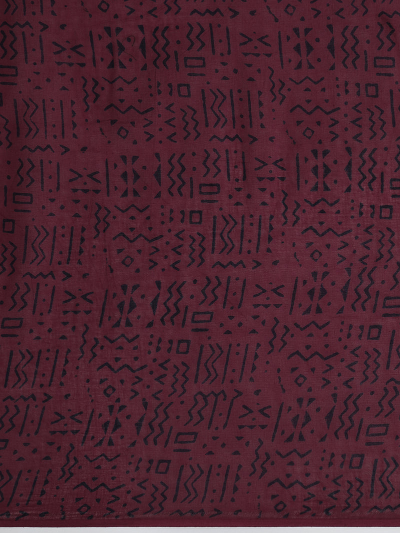 Hand Block Printed Maroon Cotton Mulmul saree-Binks