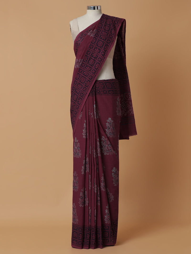 Hand Block Printed Maroon Cotton Mulmul saree-Binks