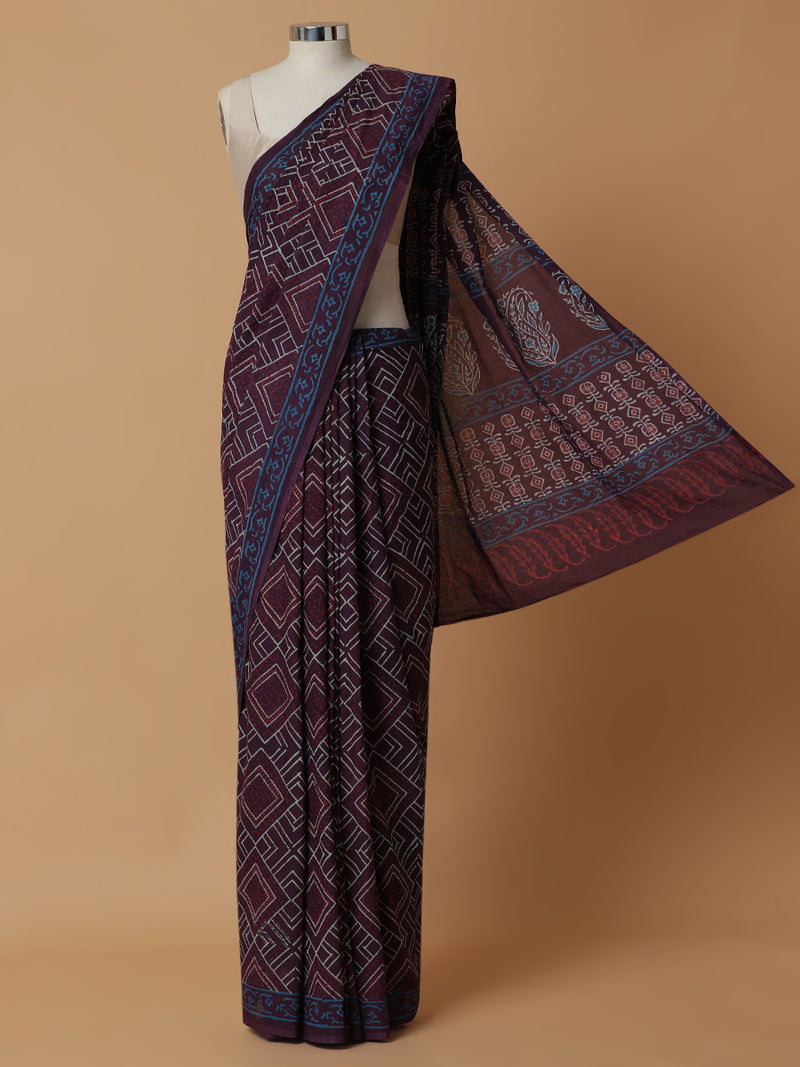 Hand Block Geometric Printed Violet Cotton Mulmul saree-Binks
