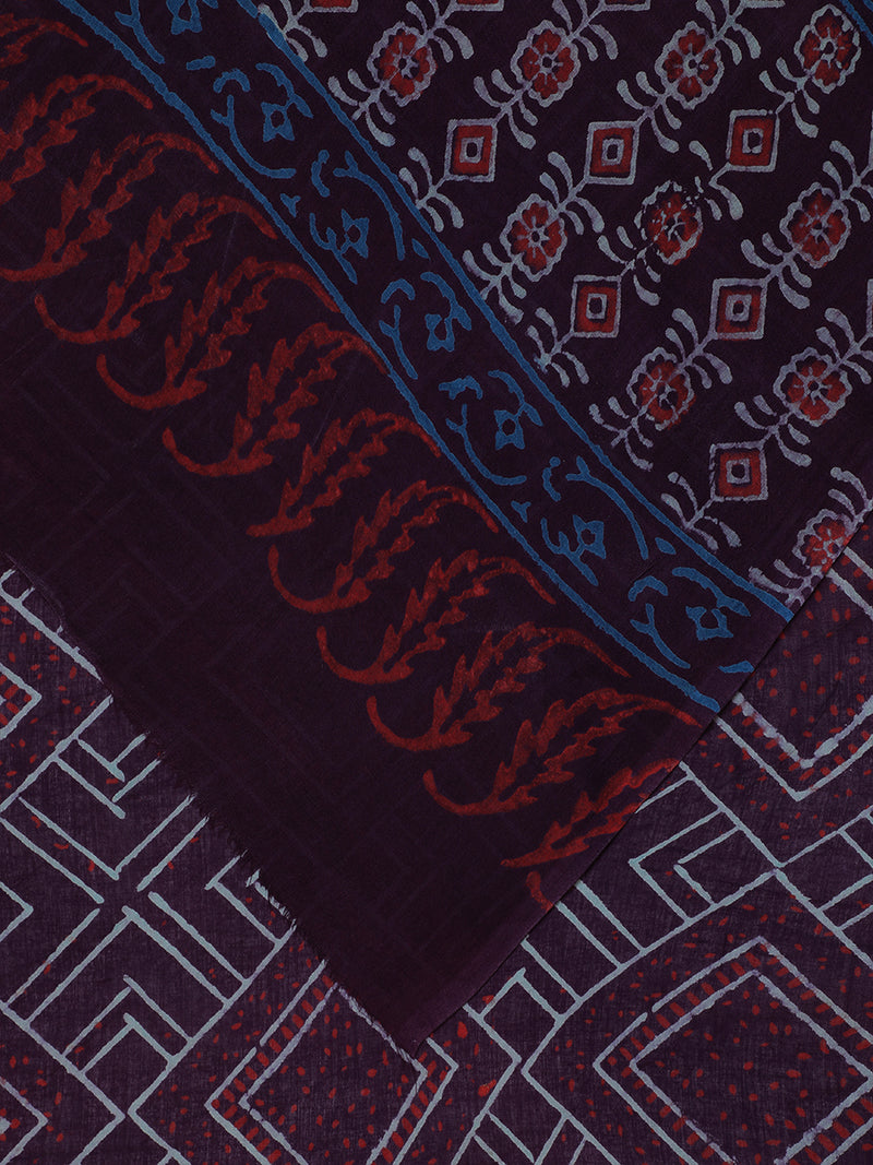 Hand Block Geometric Printed Violet Cotton Mulmul saree-Binks