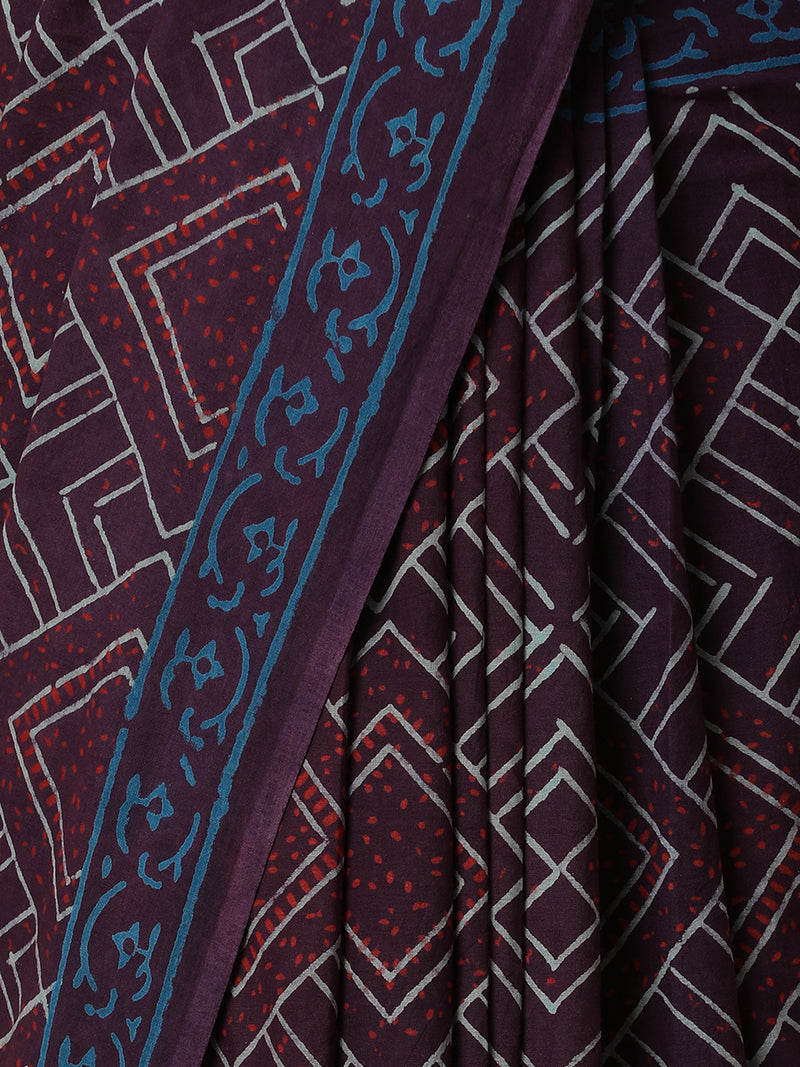 Hand Block Geometric Printed Violet Cotton Mulmul saree-Binks