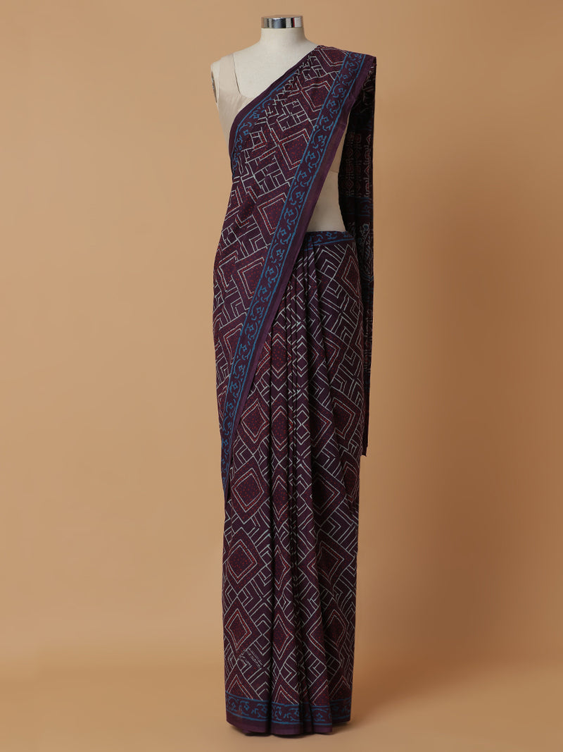 Hand Block Geometric Printed Violet Cotton Mulmul saree-Binks