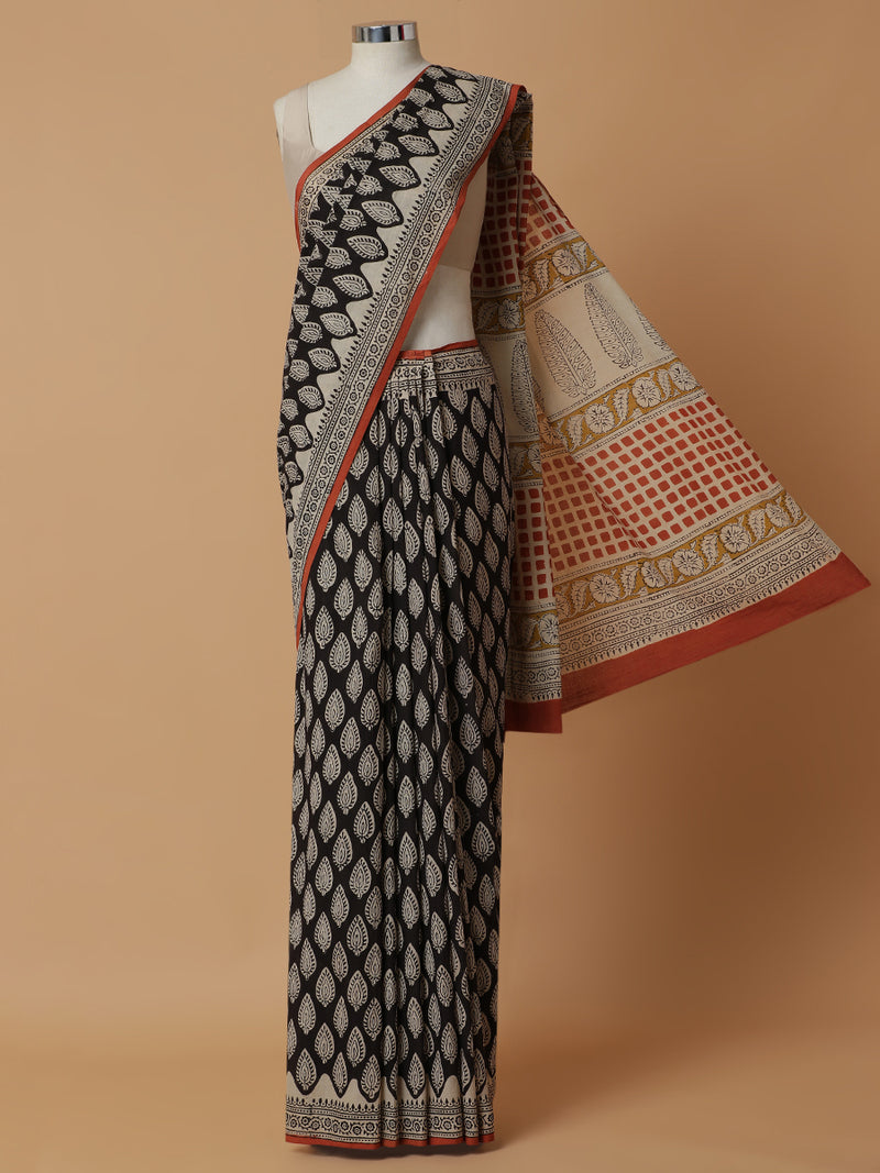 Hand Block Printed Black Cotton Mulmul saree-Binks