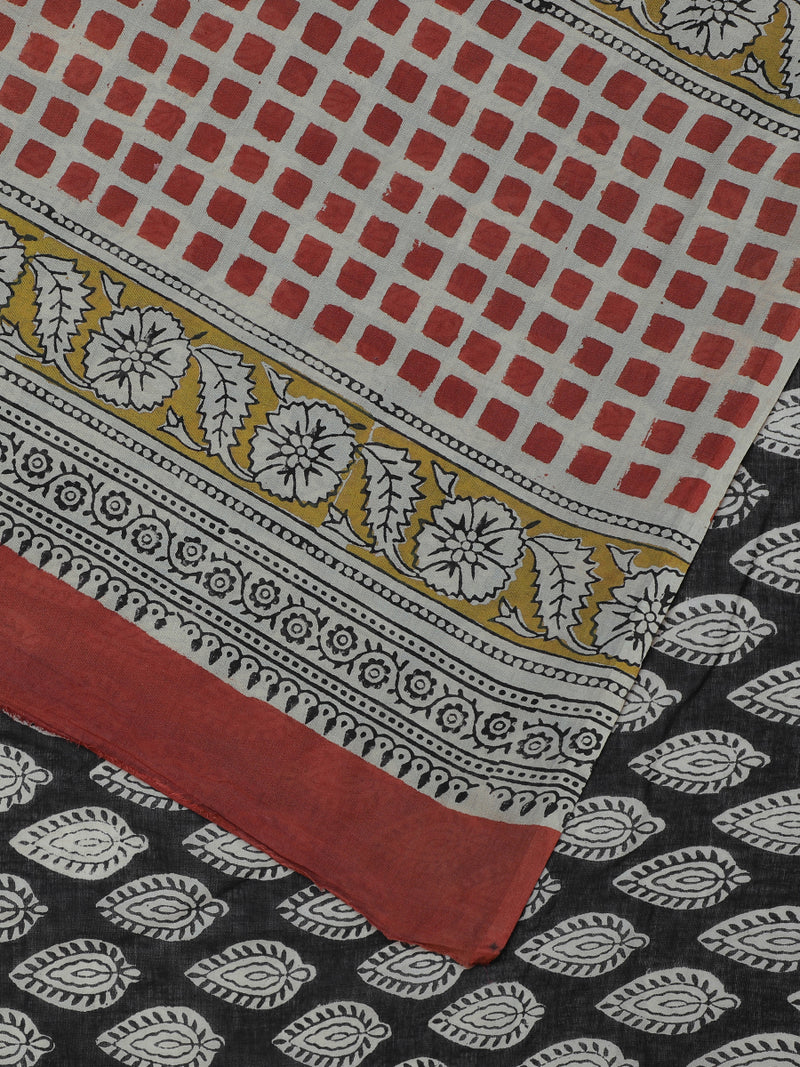 Hand Block Printed Black Cotton Mulmul saree-Binks