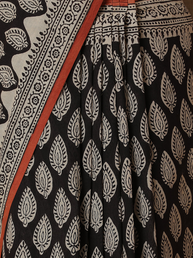 Hand Block Printed Black Cotton Mulmul saree-Binks