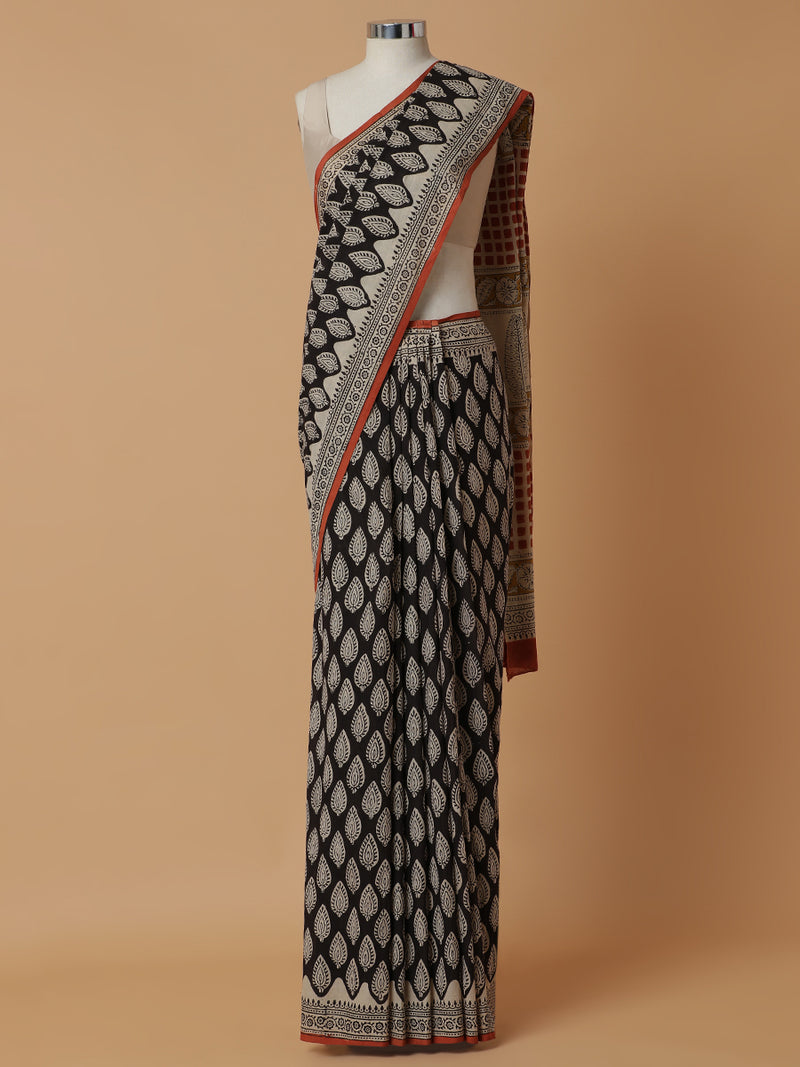 Hand Block Printed Black Cotton Mulmul saree-Binks