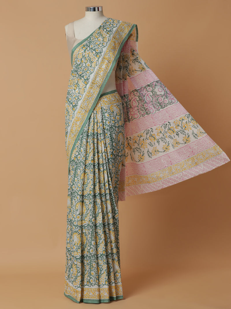 Hand Block Printed Green Cotton Mulmul saree-Binks