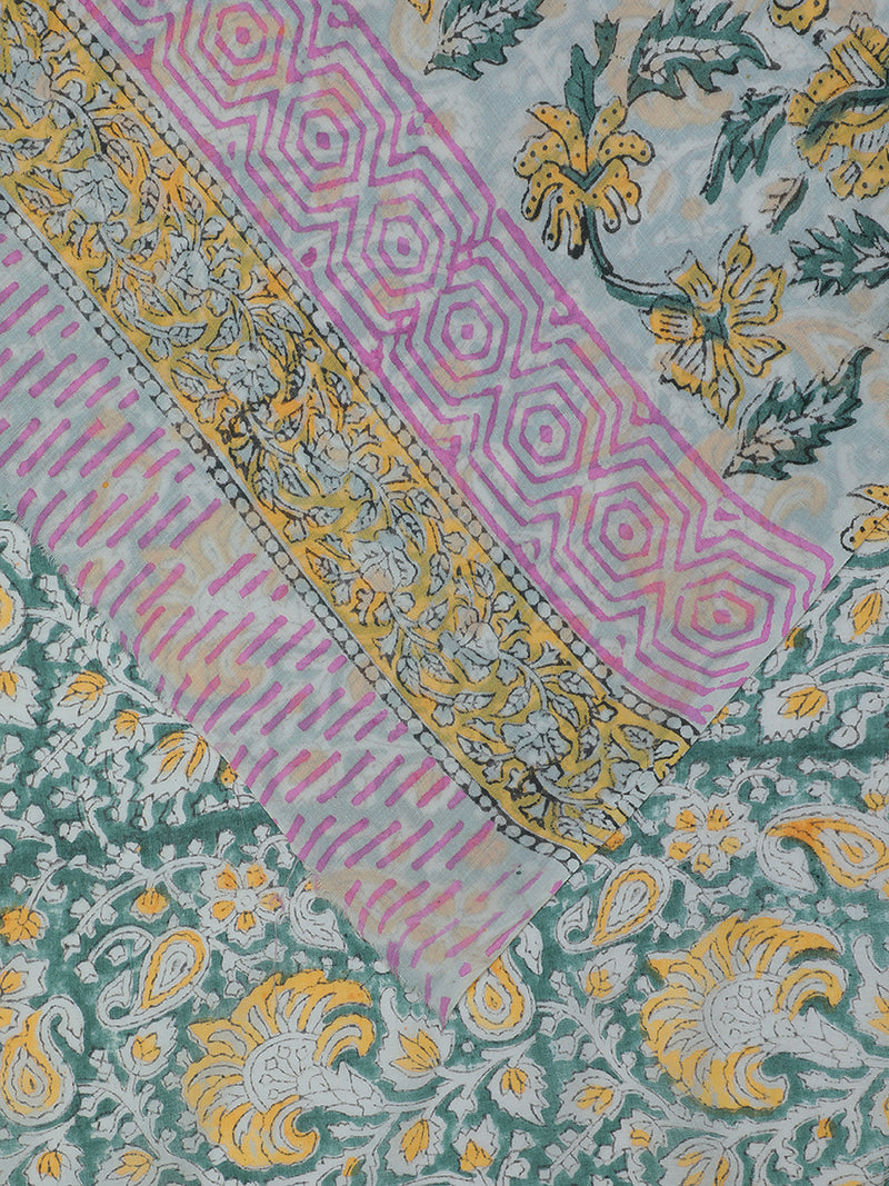 Hand Block Printed Green Cotton Mulmul saree-Binks