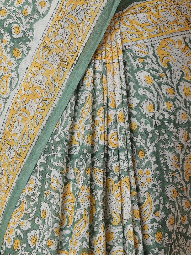 Hand Block Printed Green Cotton Mulmul saree-Binks