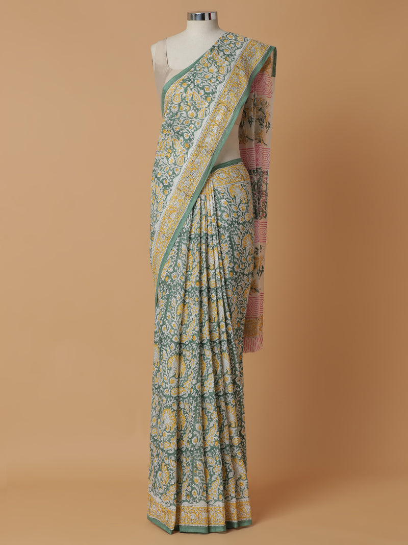 Hand Block Printed Green Cotton Mulmul saree-Binks