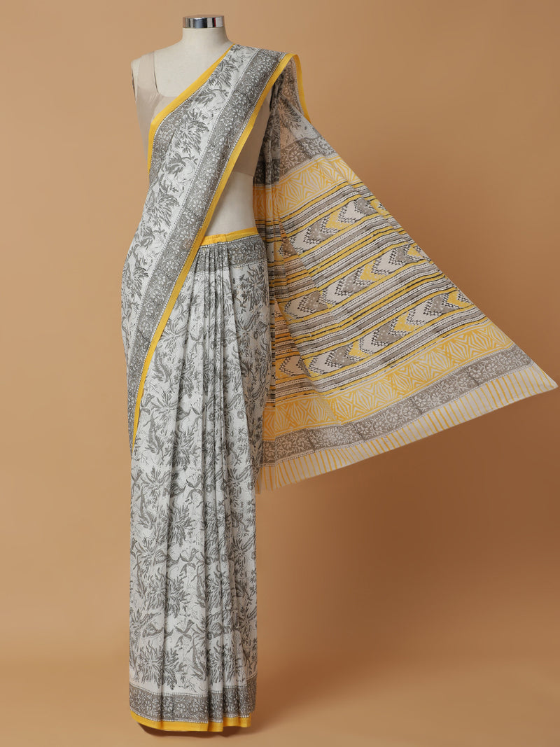 Hand Block Printed Off-White Cotton Mulmul saree-Binks