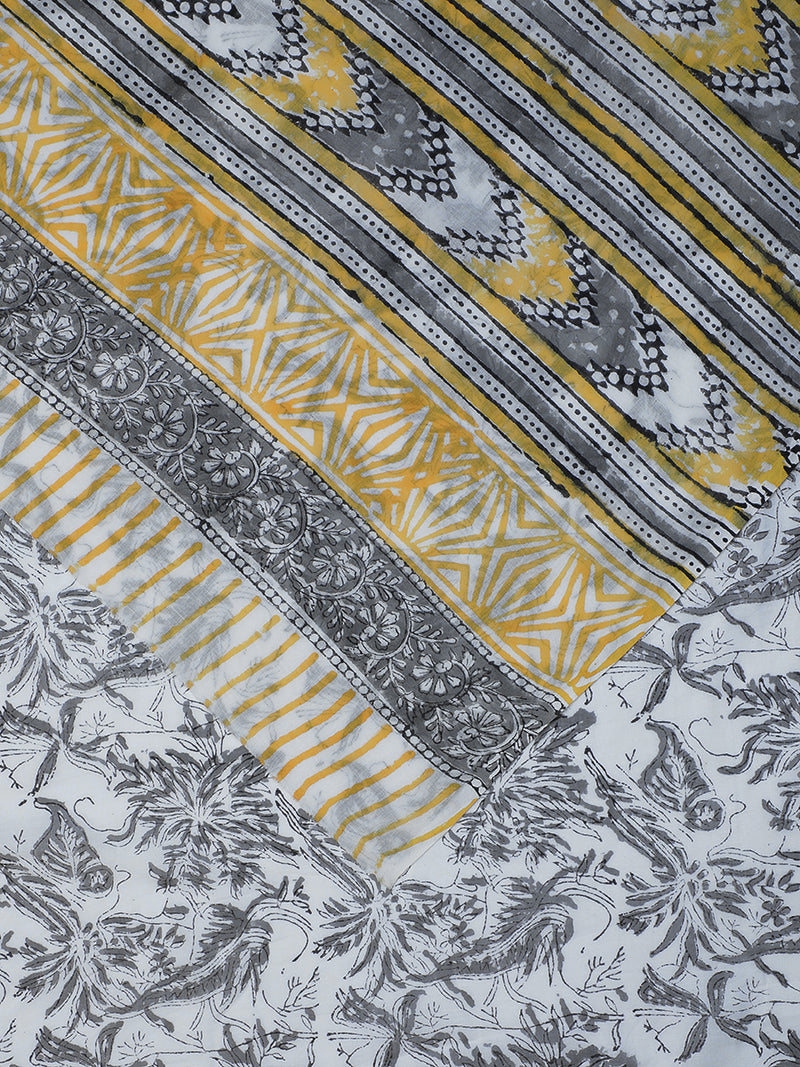 Hand Block Printed Off-White Cotton Mulmul saree-Binks