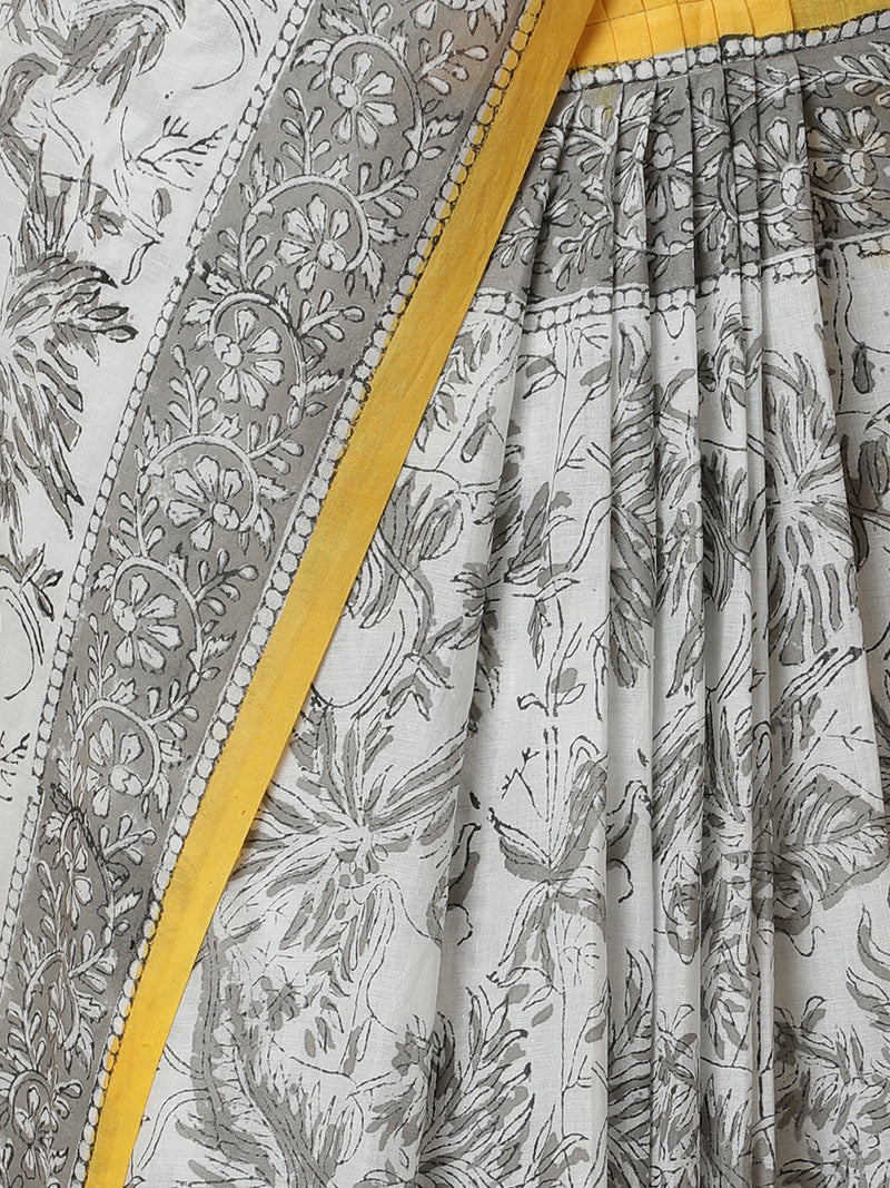 Hand Block Printed Off-White Cotton Mulmul saree-Binks