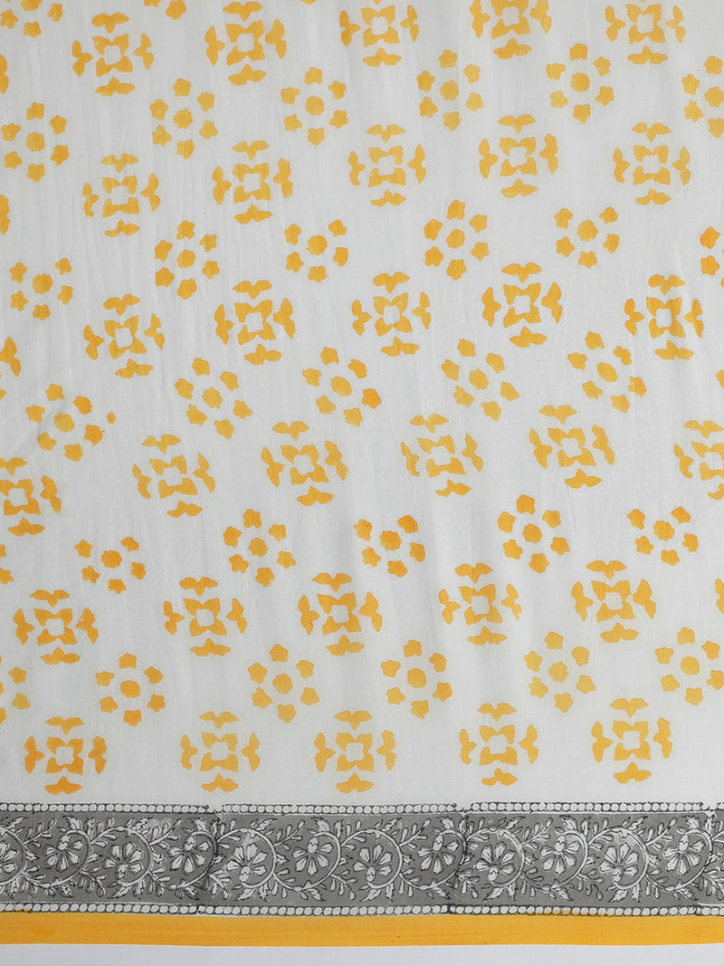 Hand Block Printed Off-White Cotton Mulmul saree-Binks
