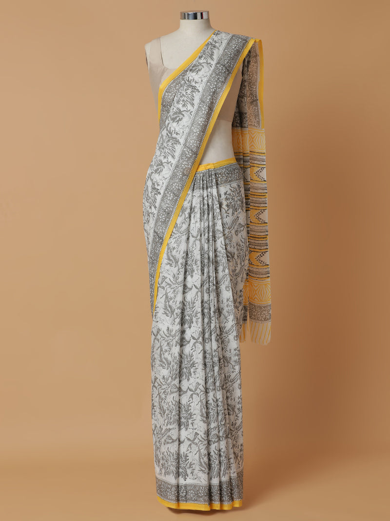 Hand Block Printed Off-White Cotton Mulmul saree-Binks