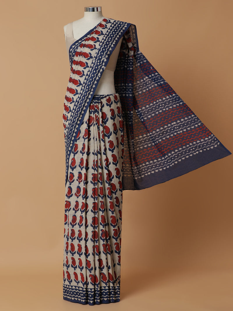 Hand Block Mango Motif Printed Cotton Mulmul saree-Binks