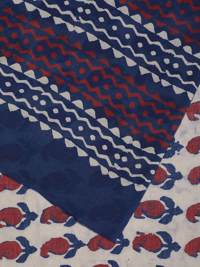 Hand Block Mango Motif Printed Cotton Mulmul saree-Binks