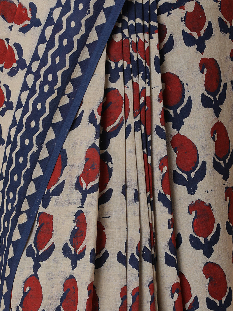 Hand Block Mango Motif Printed Cotton Mulmul saree-Binks