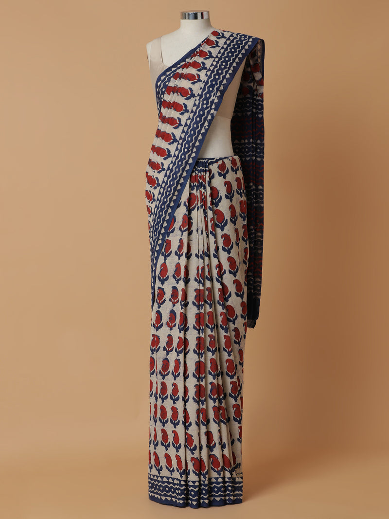 Hand Block Mango Motif Printed Cotton Mulmul saree-Binks