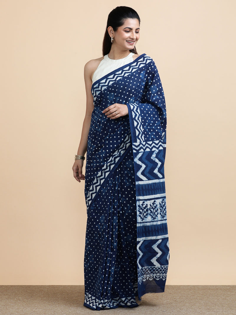 Indigo Blue Polka Dot Cotton Mulmul Saree-Binks