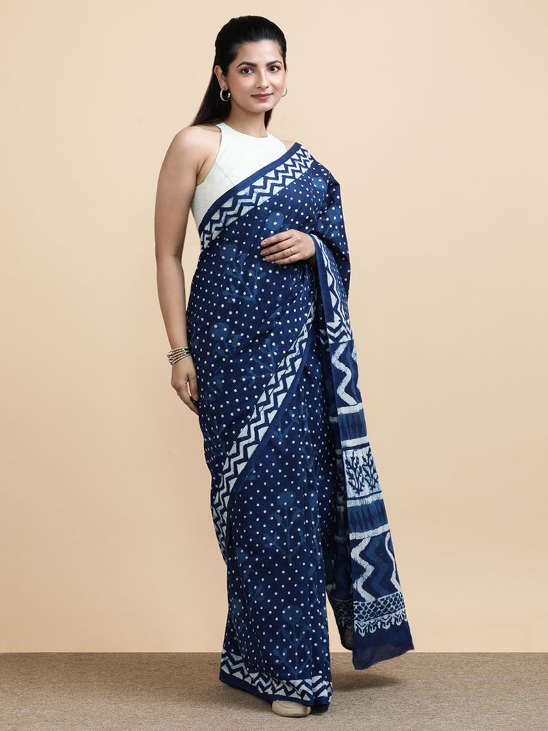 Indigo Blue Polka Dot Cotton Mulmul Saree-Binks