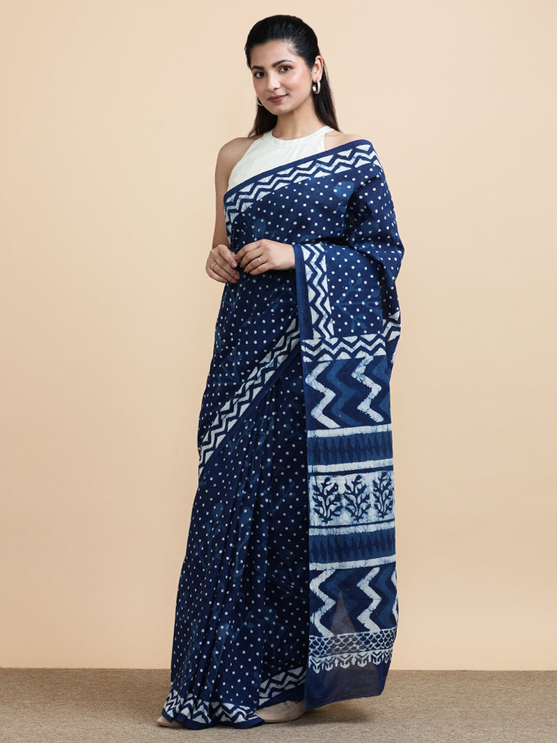 Indigo Blue Polka Dot Cotton Mulmul Saree-Binks