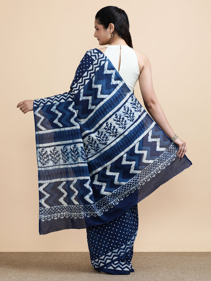 Indigo Blue Polka Dot Cotton Mulmul Saree-Binks