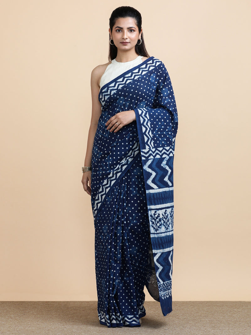 Indigo Blue Polka Dot Cotton Mulmul Saree-Binks
