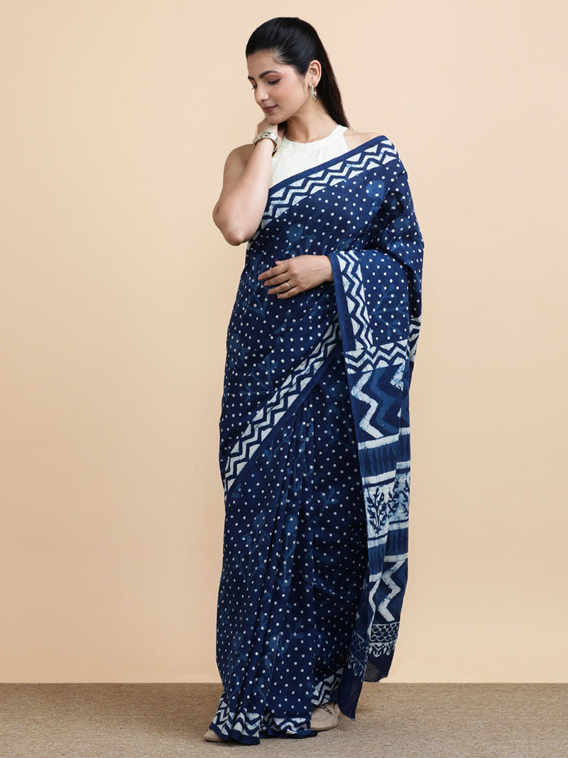 Indigo Blue Polka Dot Cotton Mulmul Saree-Binks