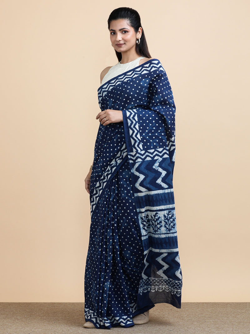 Indigo Blue Polka Dot Cotton Mulmul Saree-Binks