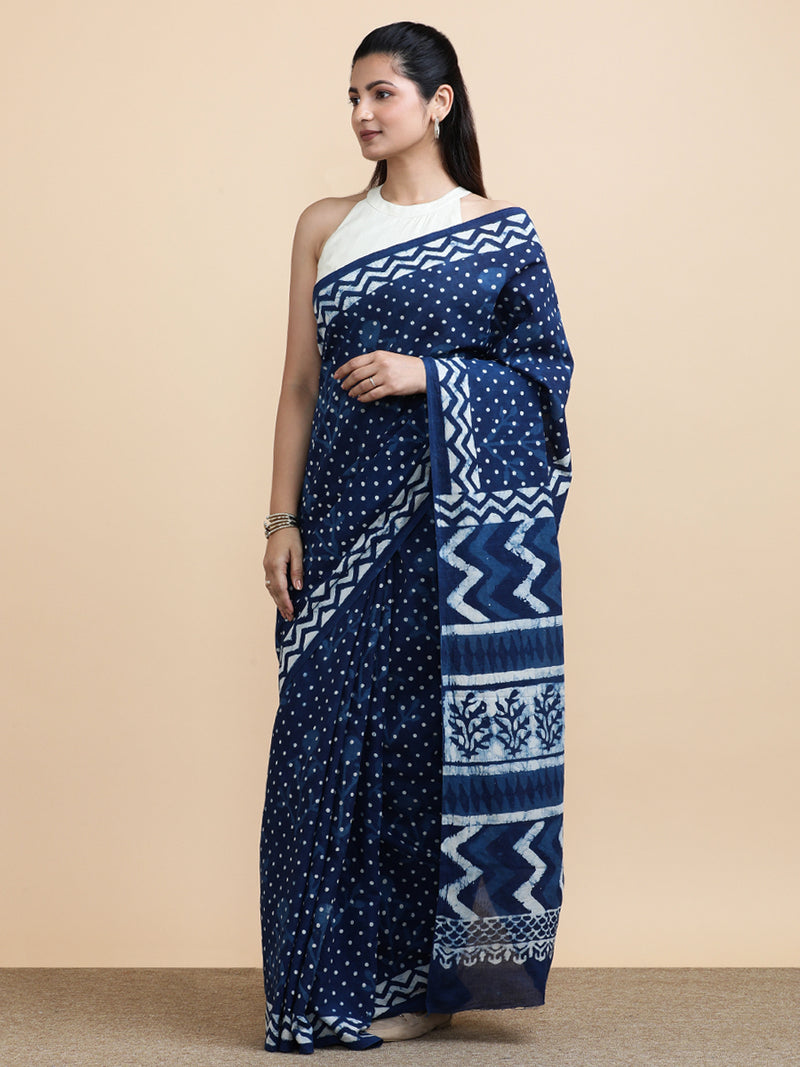Indigo Blue Polka Dot Cotton Mulmul Saree-Binks
