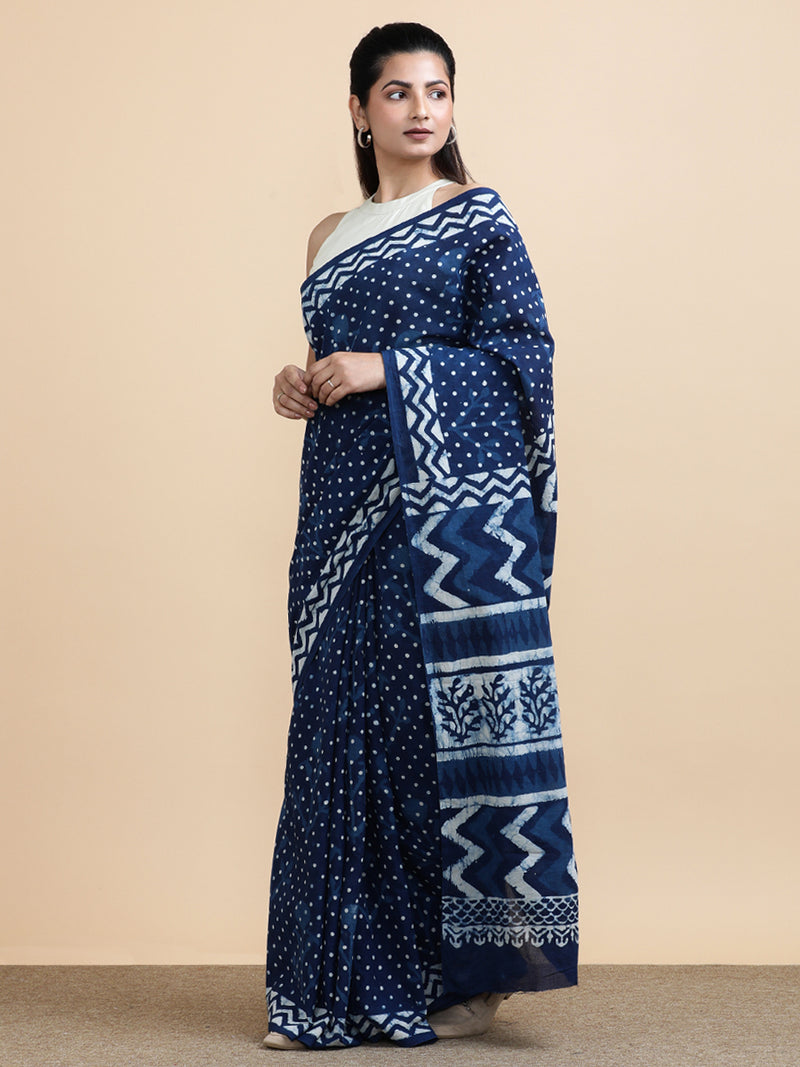 Indigo Blue Polka Dot Cotton Mulmul Saree-Binks