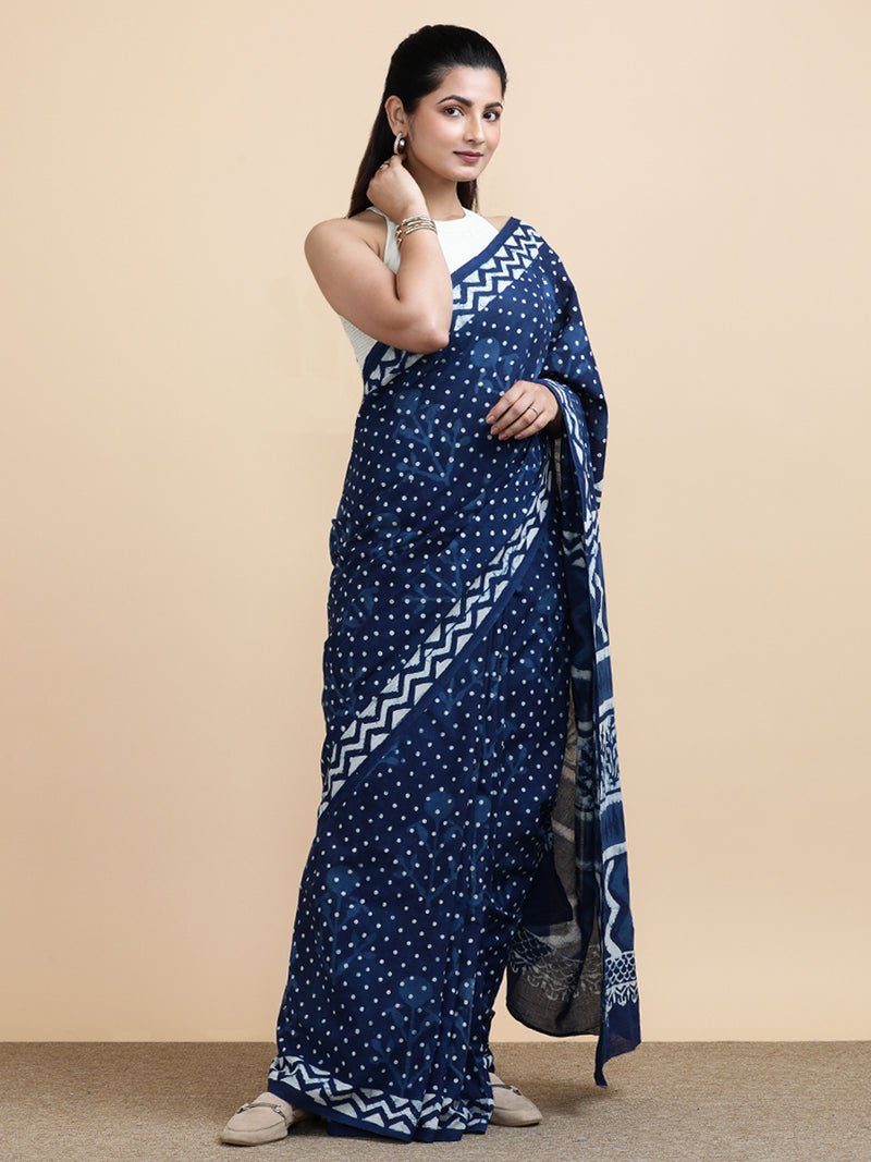 Indigo Blue Polka Dot Cotton Mulmul Saree-Binks