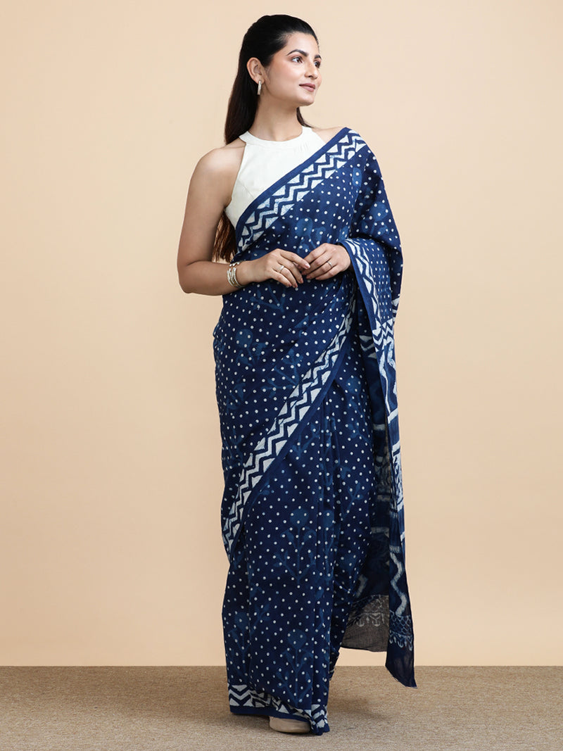 Indigo Blue Polka Dot Cotton Mulmul Saree-Binks