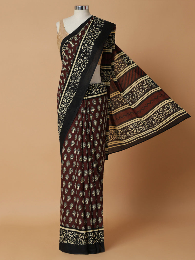 Walnut Brown Printed Cotton Saree-Binks
