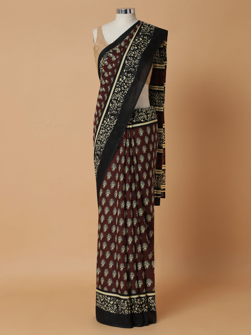 Walnut Brown Printed Cotton Saree-Binks