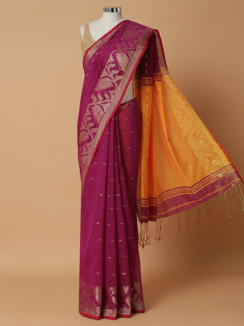 Rani Pink Golden Zari Weave Saree-Binks