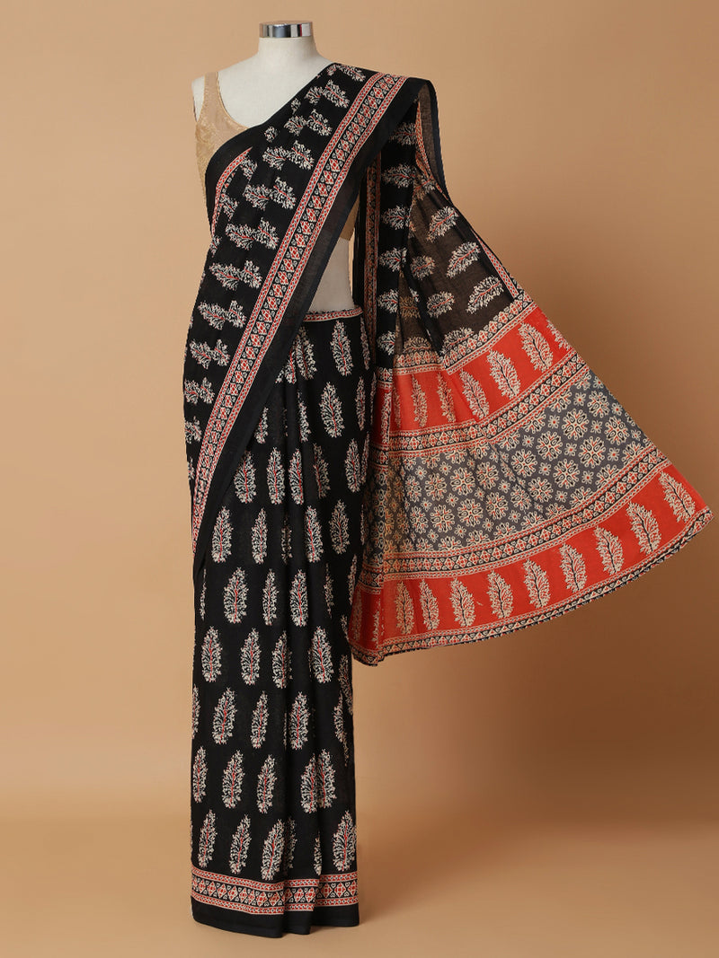 Black Cotton Saree With Block Print Designs-Binks