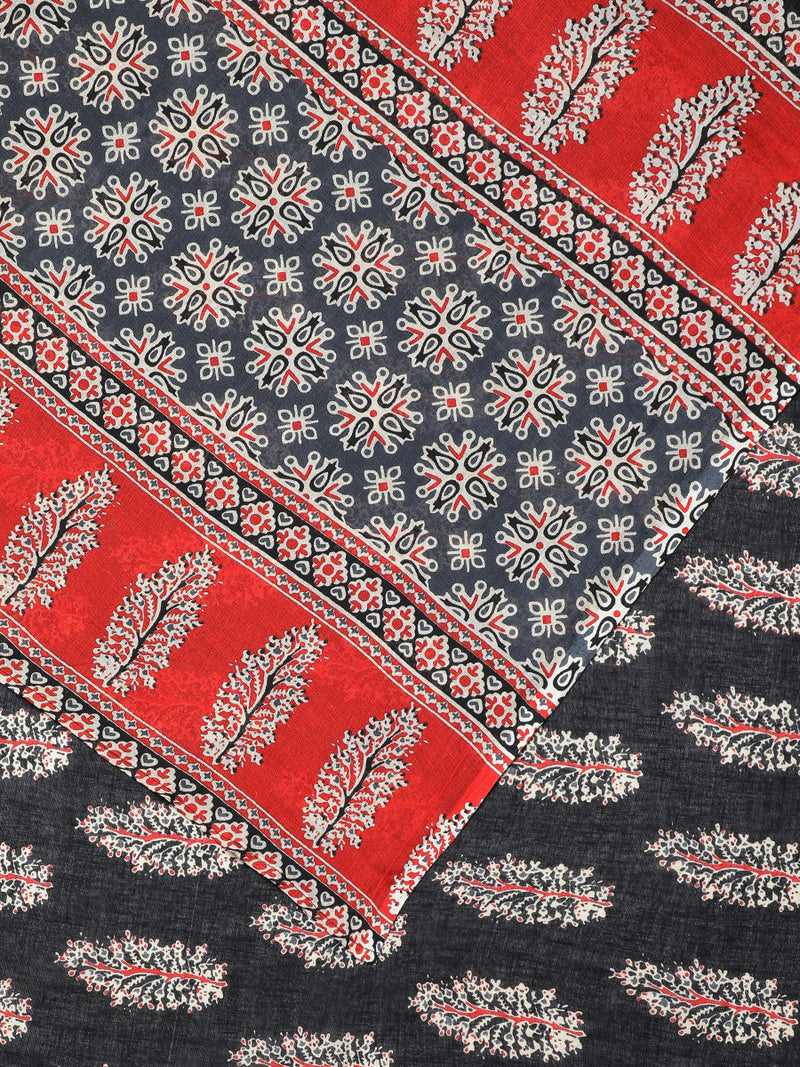 Black Cotton Saree With Block Print Designs-Binks