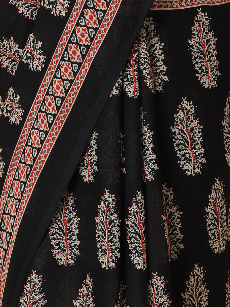 Black Cotton Saree With Block Print Designs-Binks