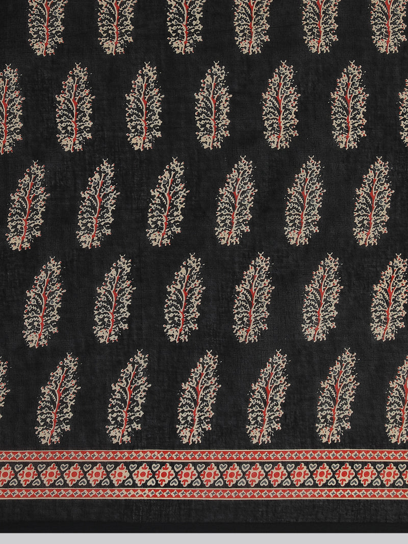 Black Cotton Saree With Block Print Designs-Binks