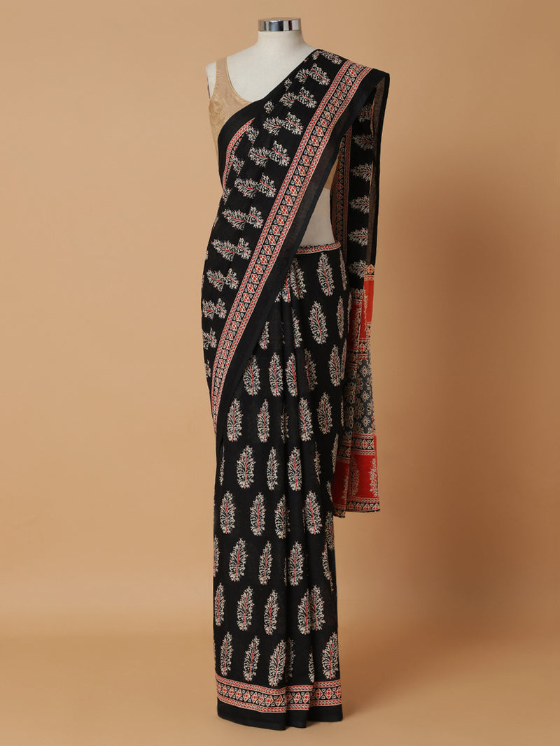 Black Cotton Saree With Block Print Designs-Binks