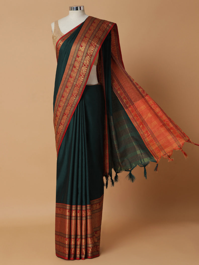 Bottle Green Narayanpet Big Border Saree-Binks