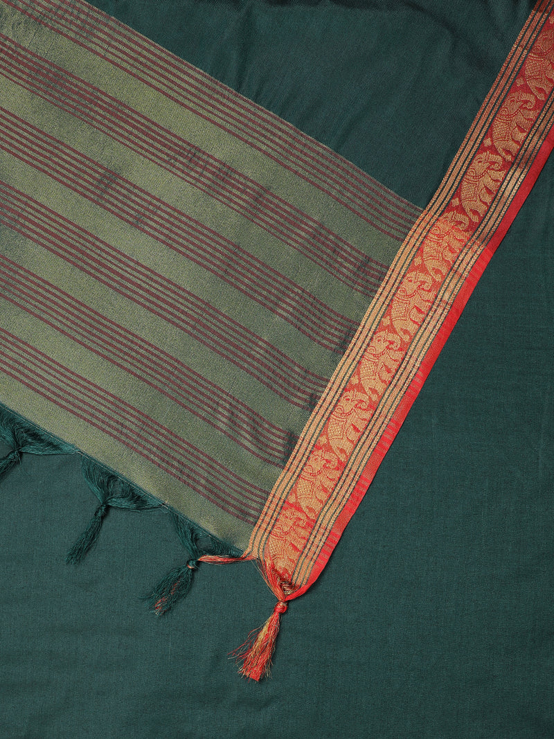 Bottle Green Narayanpet Big Border Saree-Binks