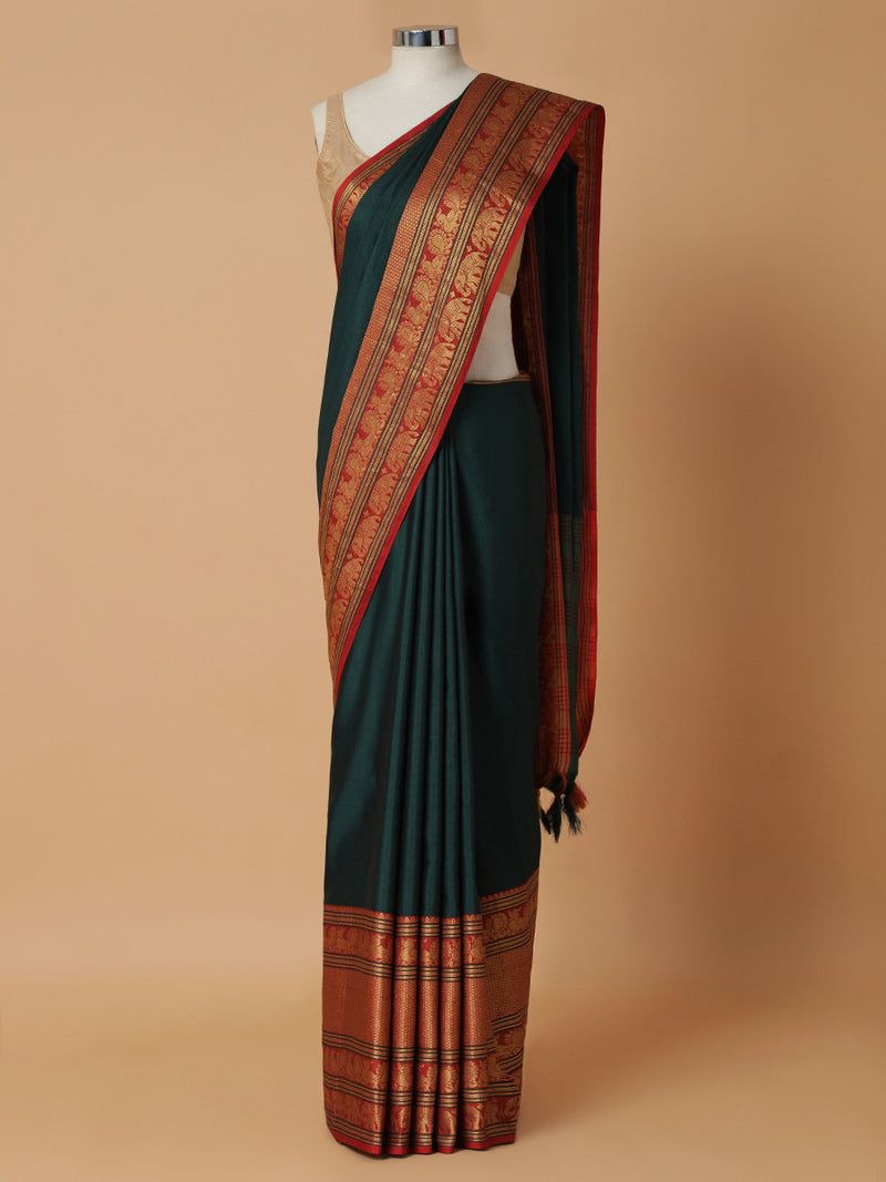 Bottle Green Narayanpet Big Border Saree-Binks