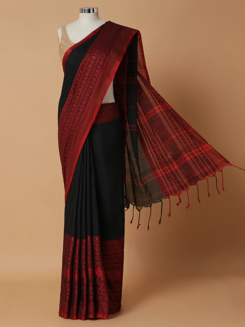 Bengal Handloom Jamdani Style Weave Red-Black Saree-Binks