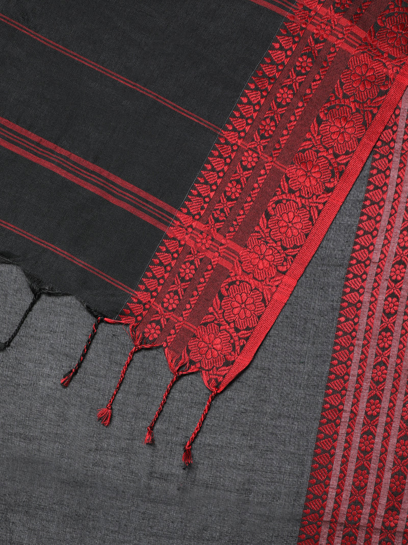 Bengal Handloom Jamdani Style Weave Red-Black Saree-Binks
