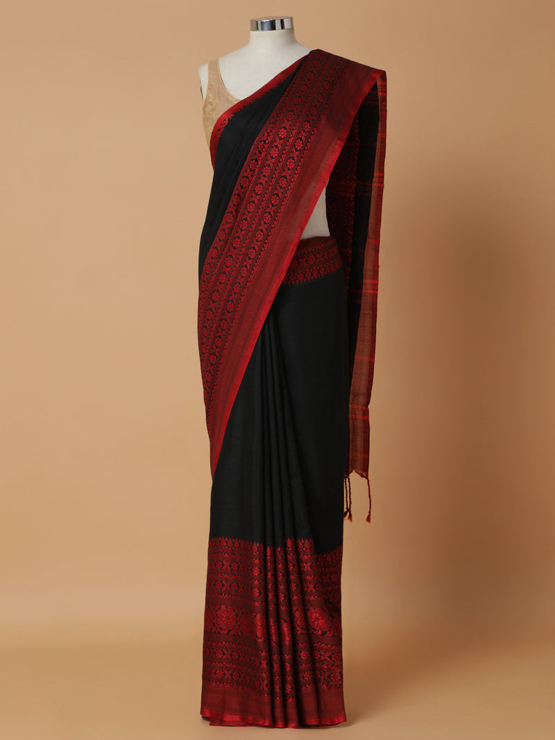 Bengal Handloom Jamdani Style Weave Red-Black Saree-Binks