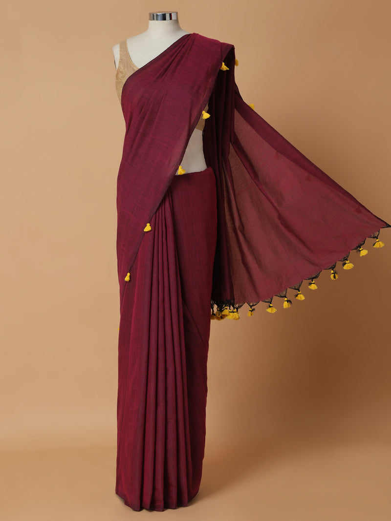Deep Maroon Cotton Saree With Tassels-Binks