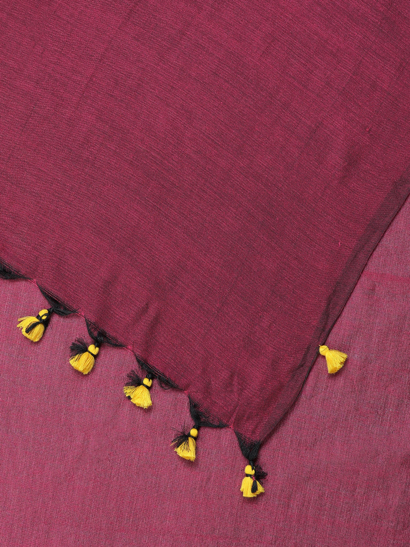 Deep Maroon Cotton Saree With Tassels-Binks